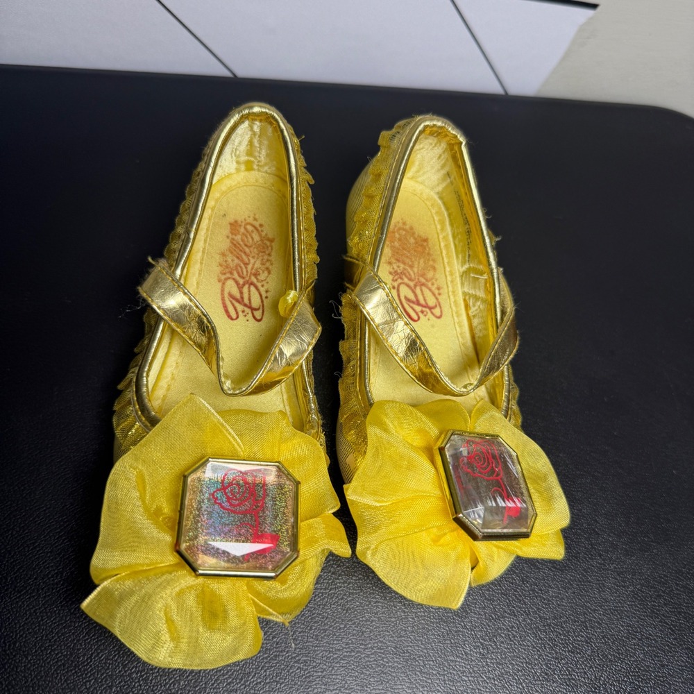 Disney Belle Costume Shoes Kids 7/8 Yellow Gold Gem Dress Up Heels